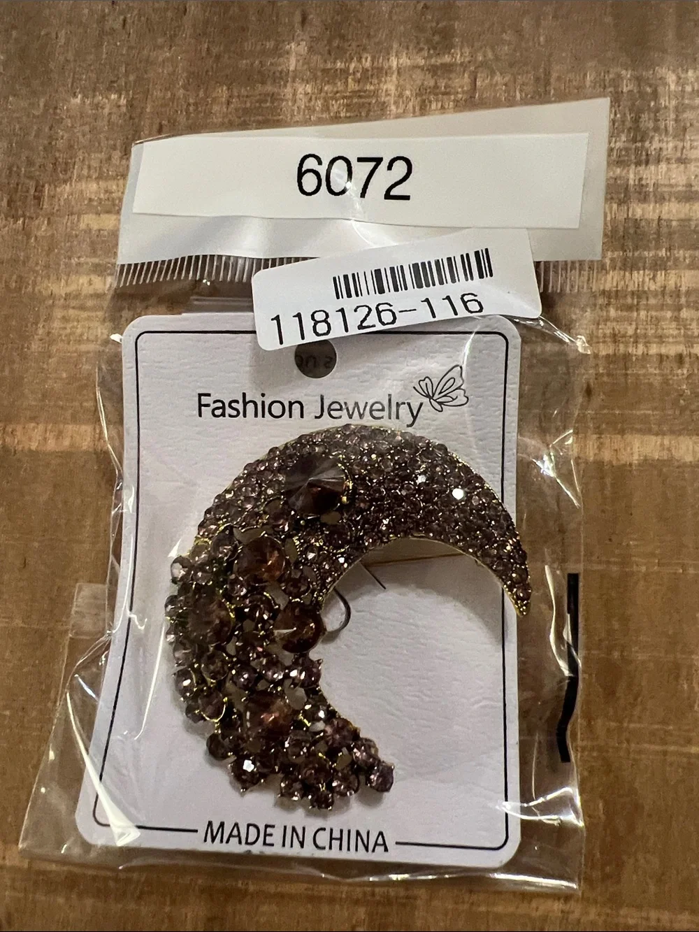 3/$18 Fashion Jewelry Gold-Tone Crescent Moon Brooch with Brown Crystals - 6072